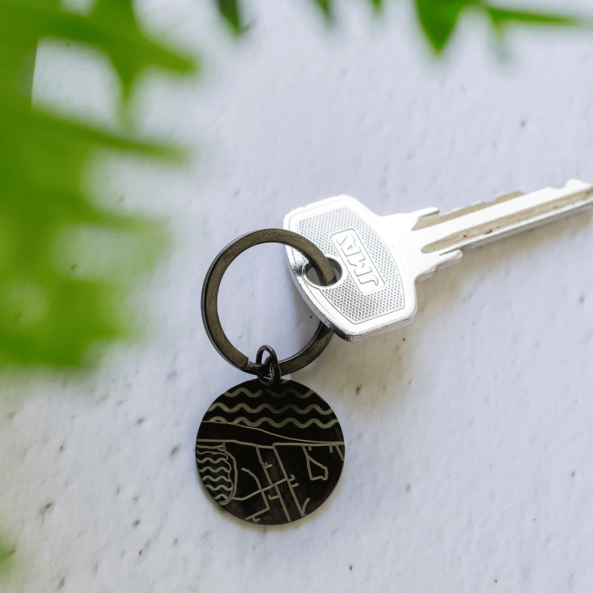 Keychain with a circular tag attached to a key on a light surface with green leaves in the background