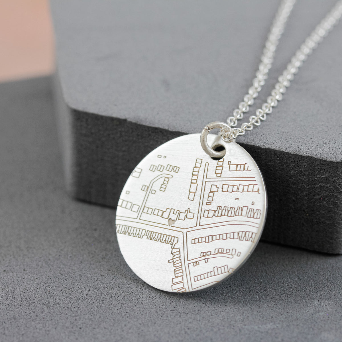 25mm wide matte finish silver street map necklace on trace chain