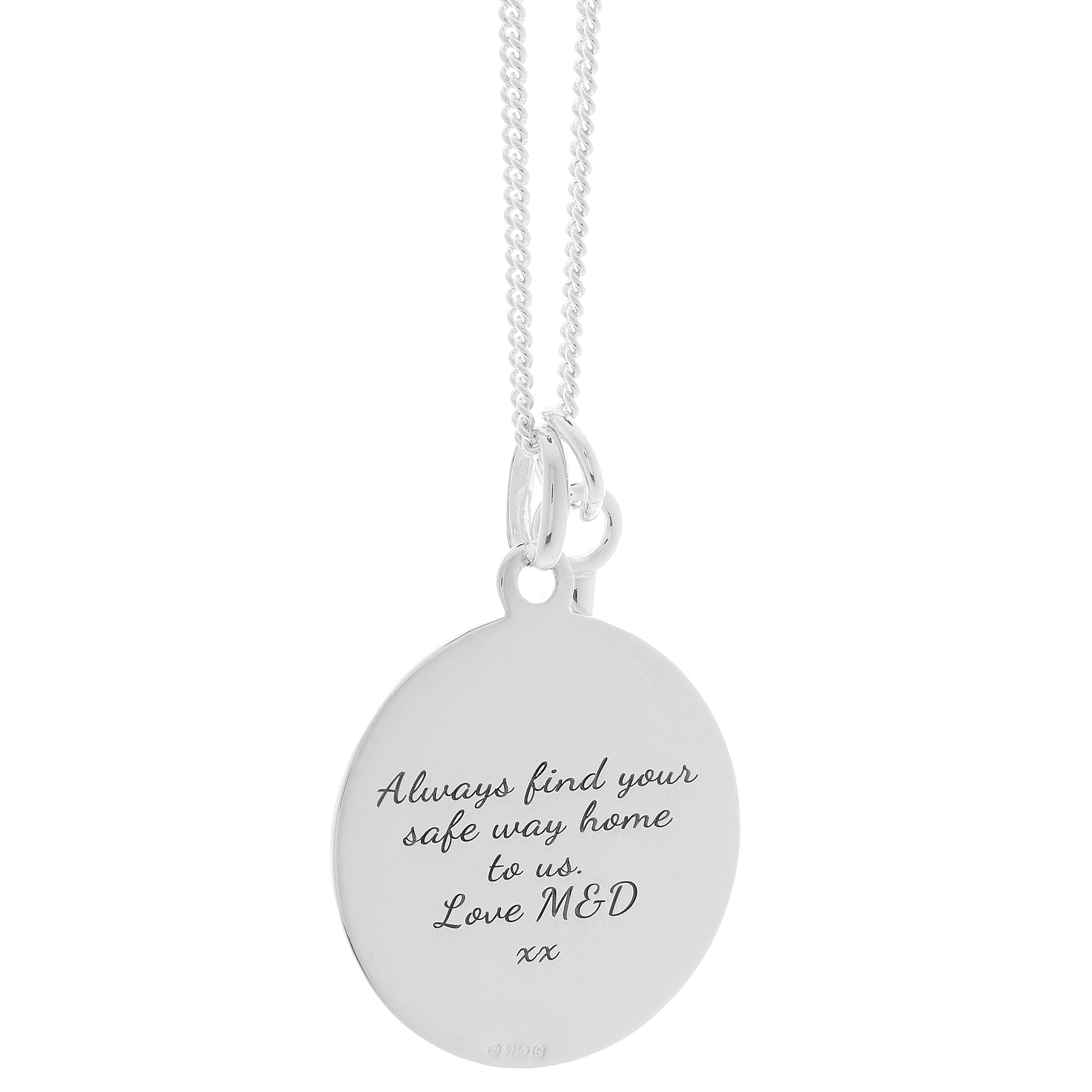 engraved back of silver saint christppher with cross necklace on curb chain
