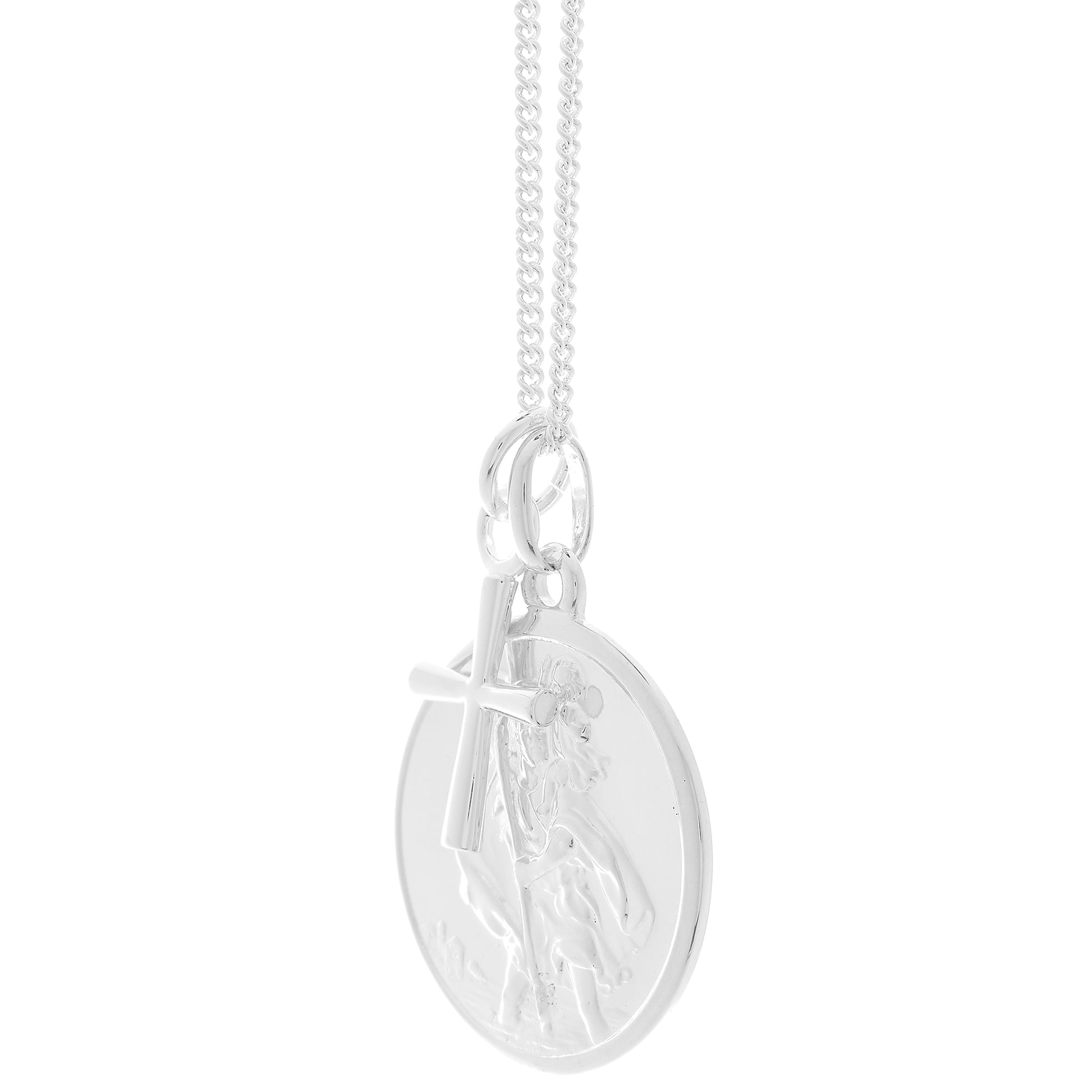 Silver saint christopher necklace with a cross by Off The Map Jewellery side view