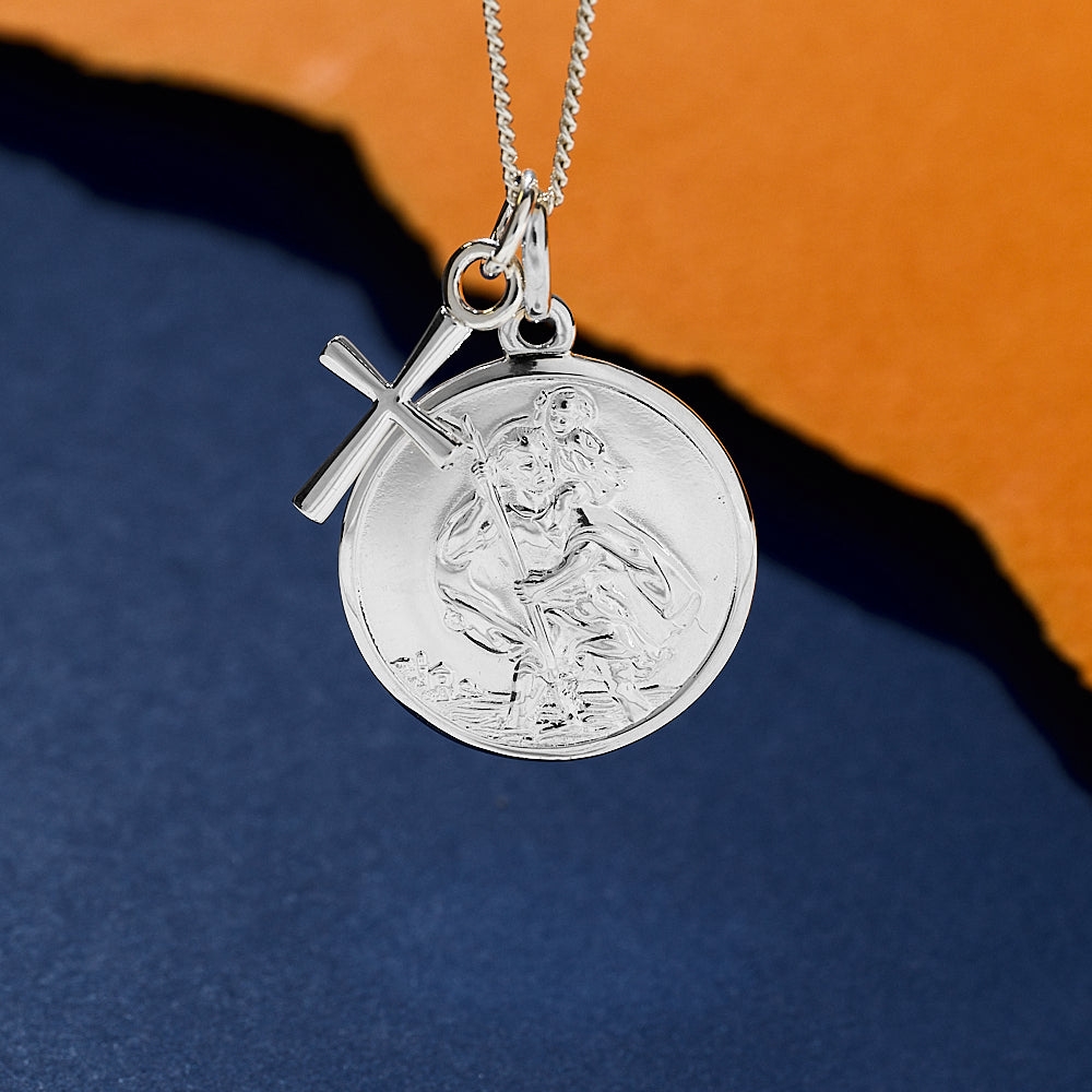 Silver saint christopher necklace with a cross by Off The Map Jewellery
