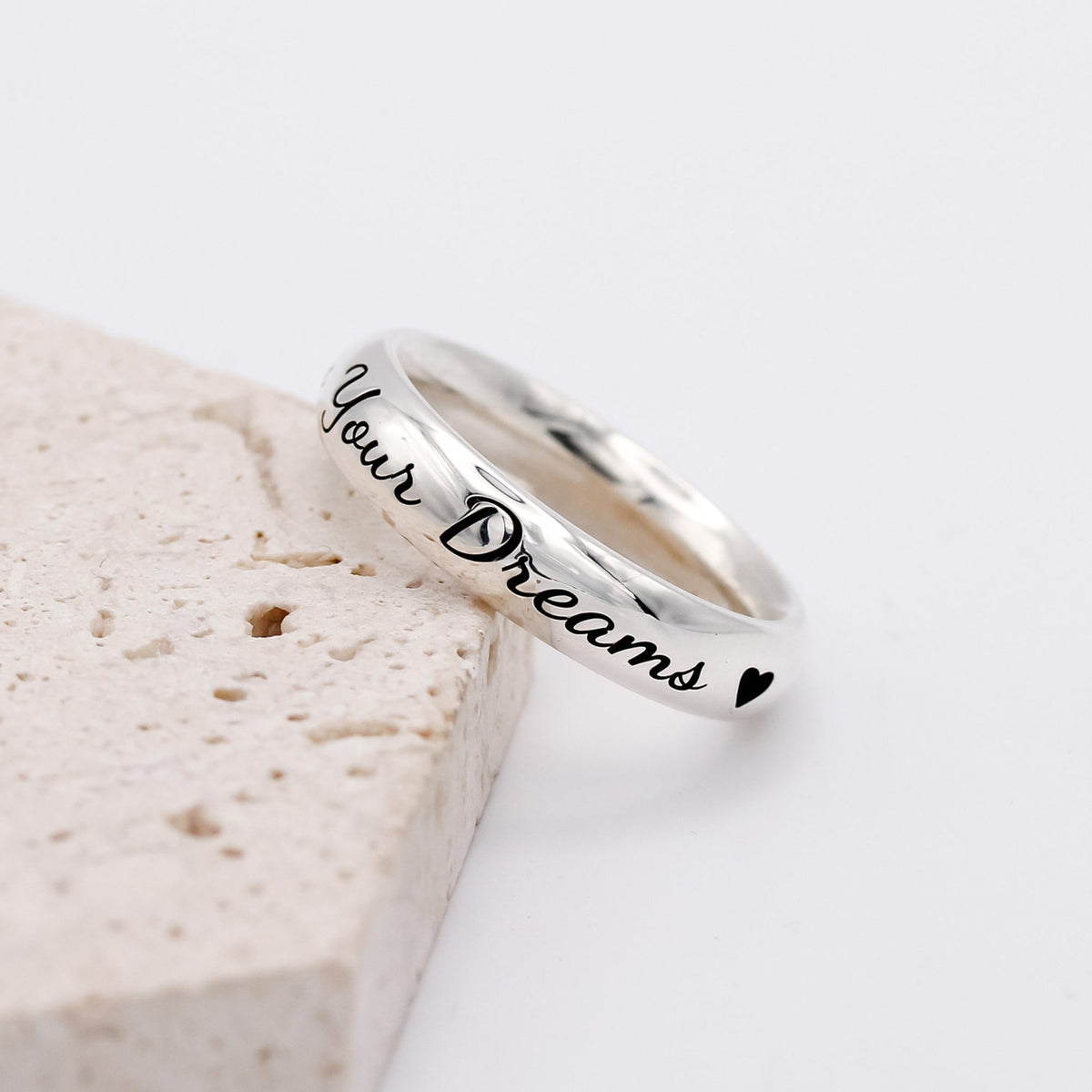 chunky 5mm wide personalized silver ring engraved with a message