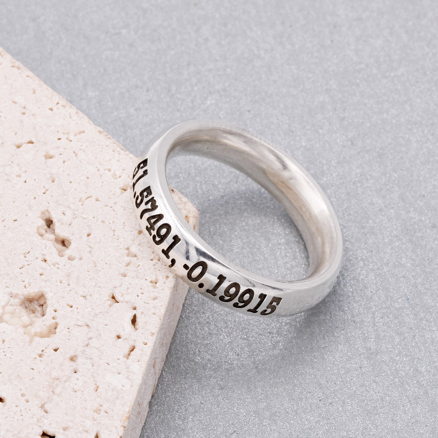 latitude longitude coordinates silver band ring for men or women