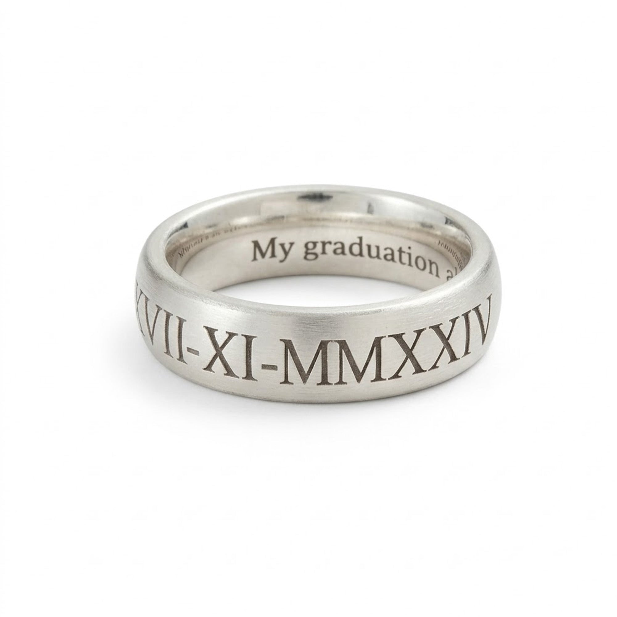 silver engraved roman numerals ring on white background