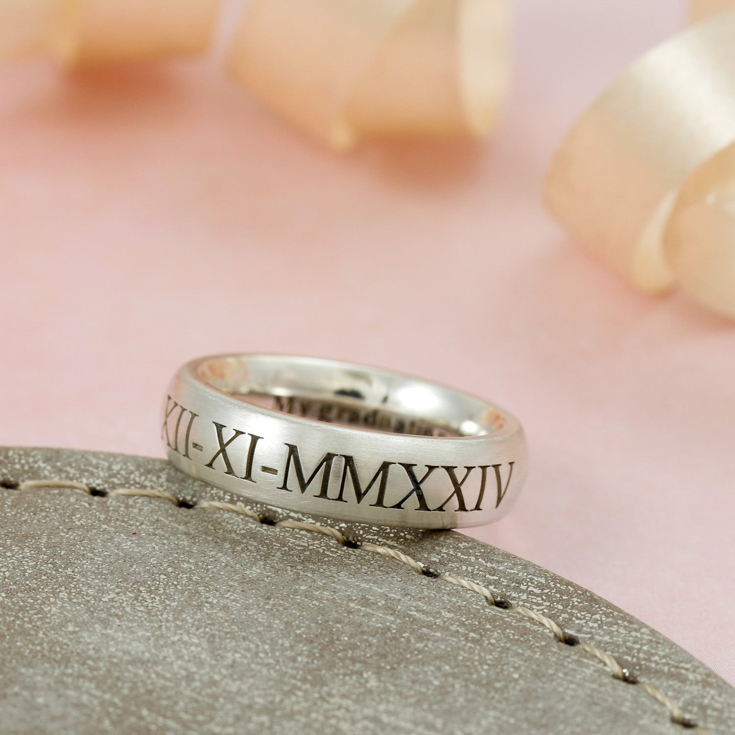 silver ring engraved with roman numerals date for 21st birthday or graduation gift