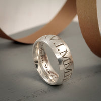 solid silver roman numerals ring for men custom date matte finish