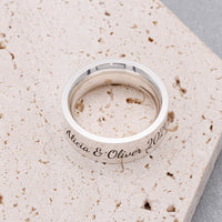 personalised wide mens silver ring engraved with message in script font