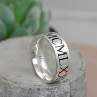 roman numerals birth date engraved 8mm wide mens flat ring oxidised finish