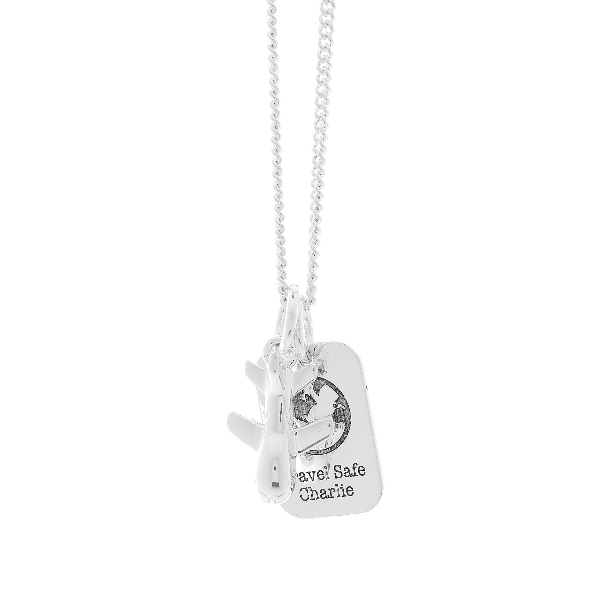 Silver aeroplane and dog tag travel necklace with a pendant 