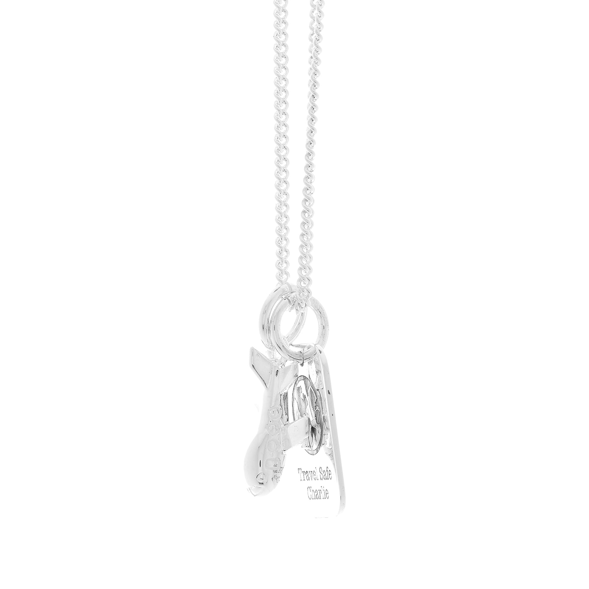 Side view silver aeroplane and dog tag travel necklace on curb chain Off The Map Jewellery
