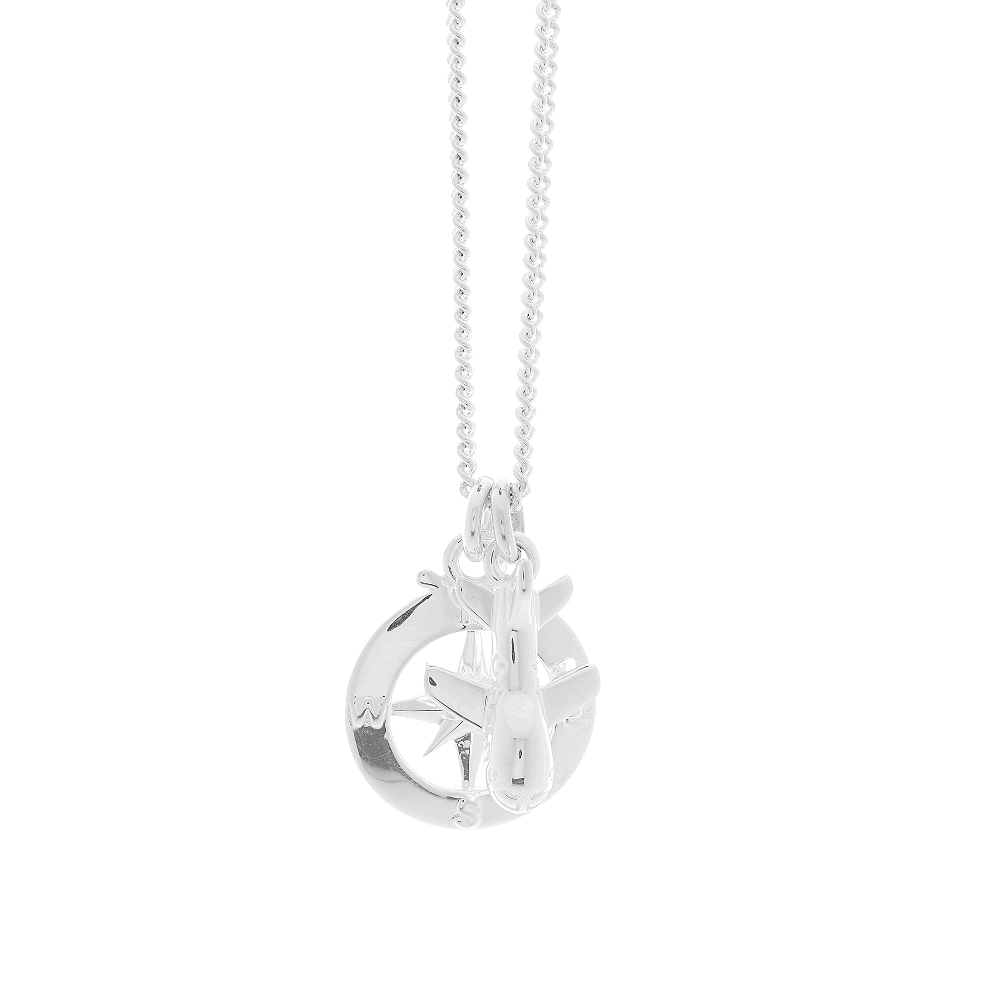 Silver necklace front and back with aeroplane and compass with enamel detail