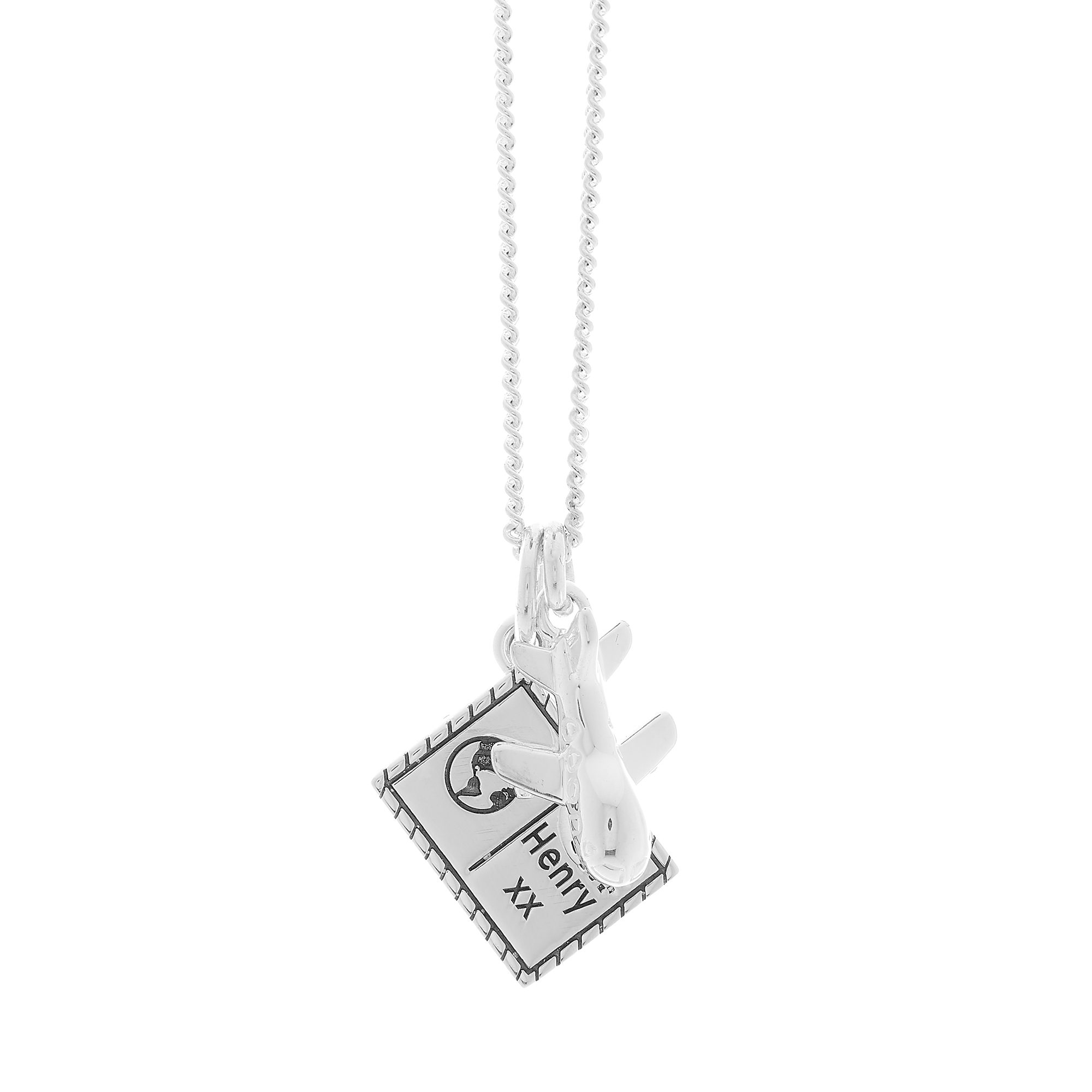 Silver necklace with aeroplane and engraved postcard pendants travel jewellery from off the map