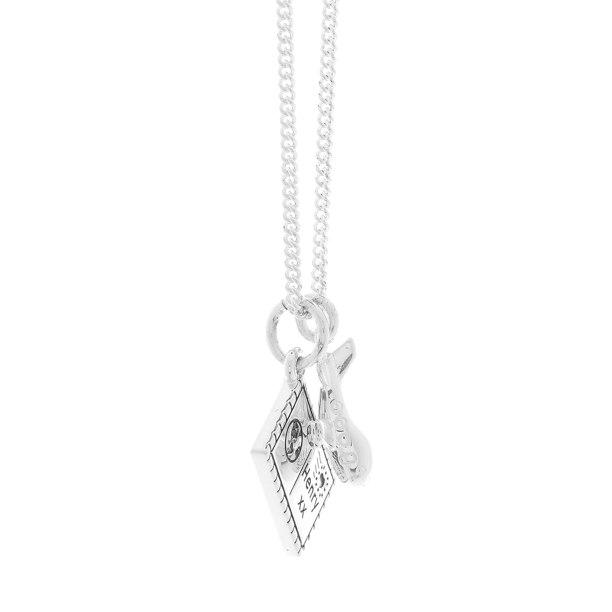 Silver necklace with aeroplane and engraved postcard pendants travel jewellery from off the map side view