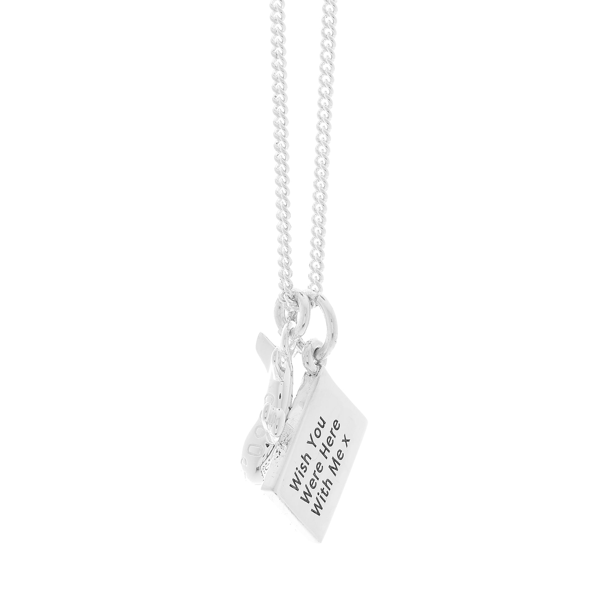 Silver necklace with aeroplane and engraved postcard pendants travel jewellery from off the map back view