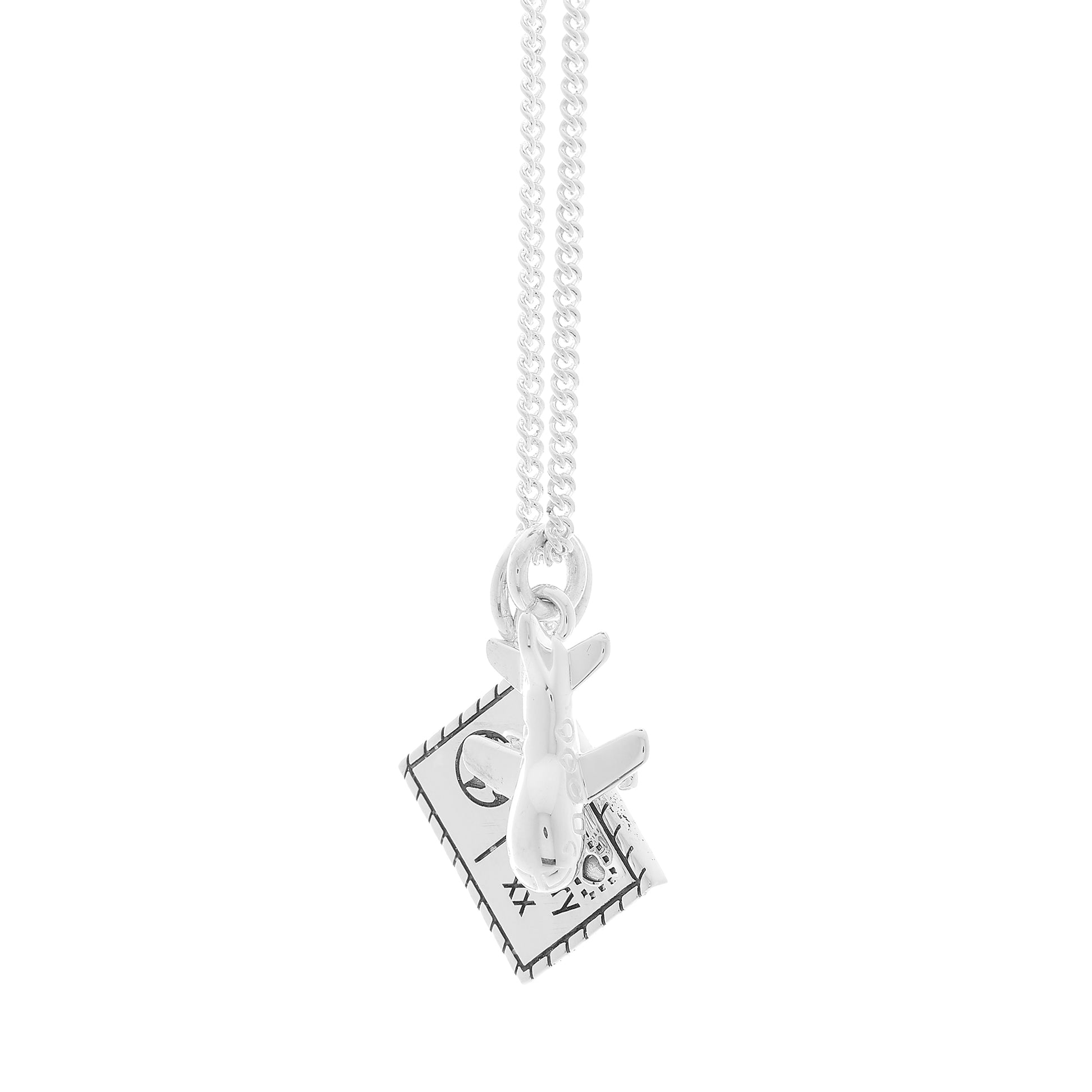 Silver necklace with aeroplane and engraved postcard pendants travel jewellery from off the map