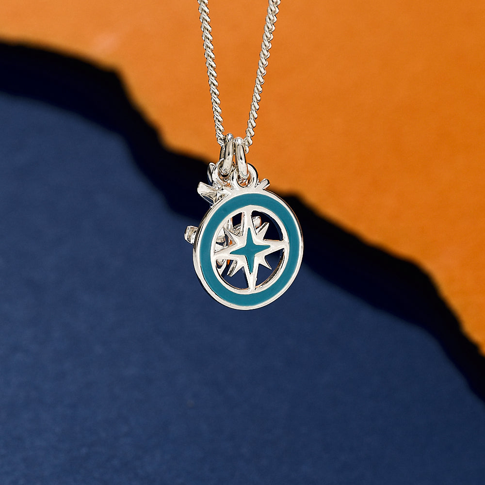 Silver necklace aeroplane and compass with enamel back