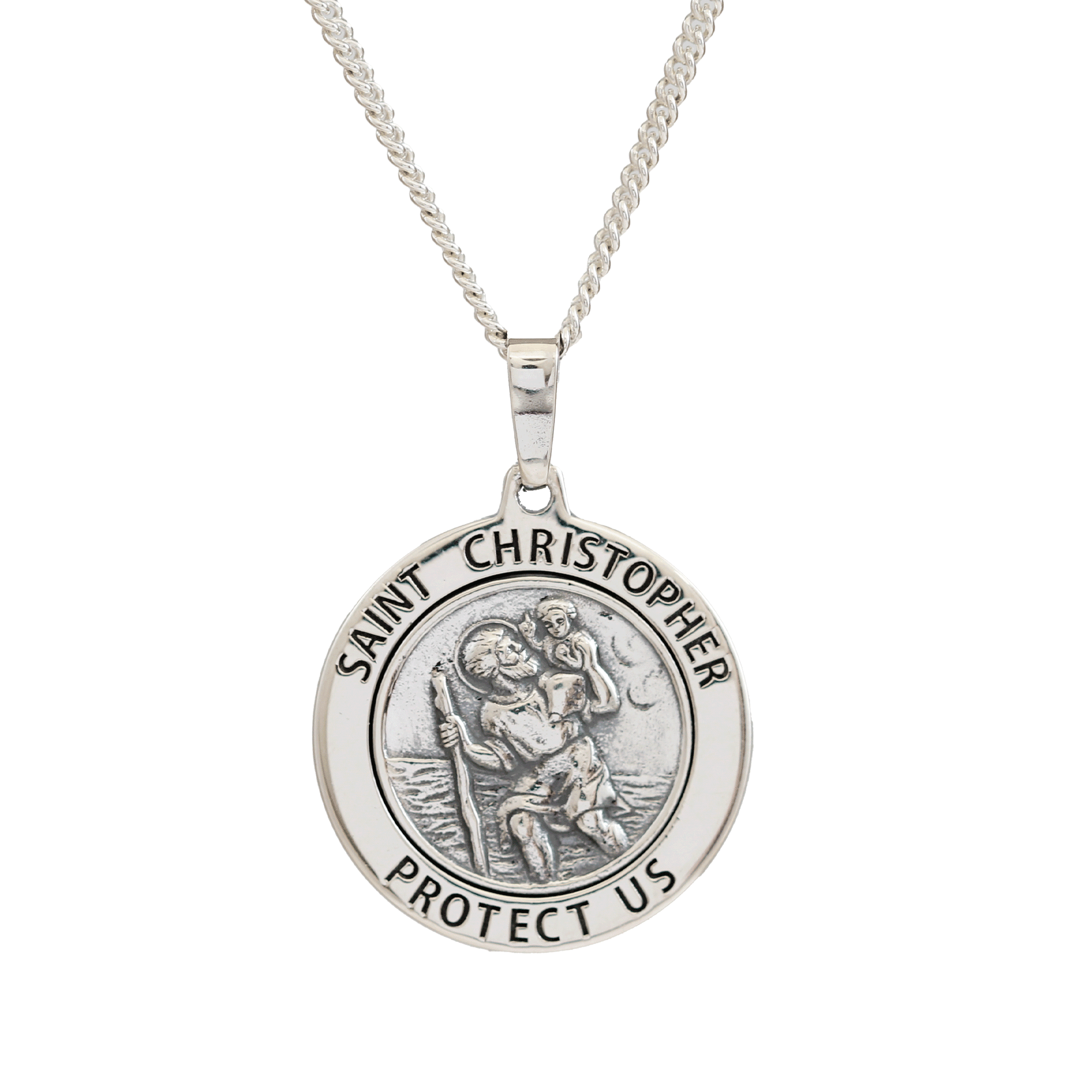 Saint Christopher Protect Us Round Border Oxidised Necklace