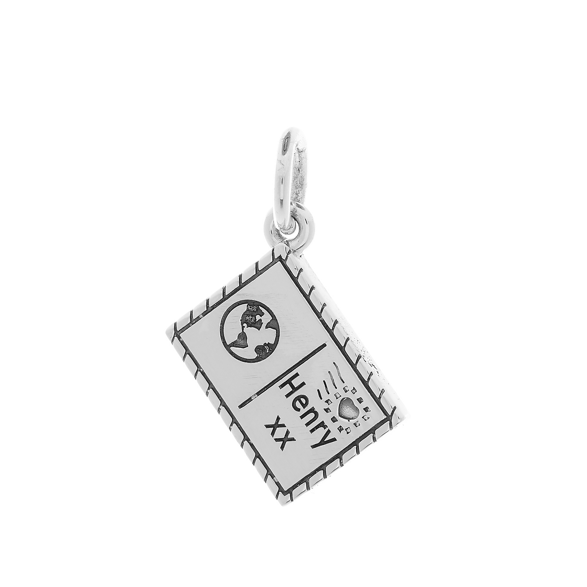Silver postcard with personalised name and symbols by Off The Map Jewellery