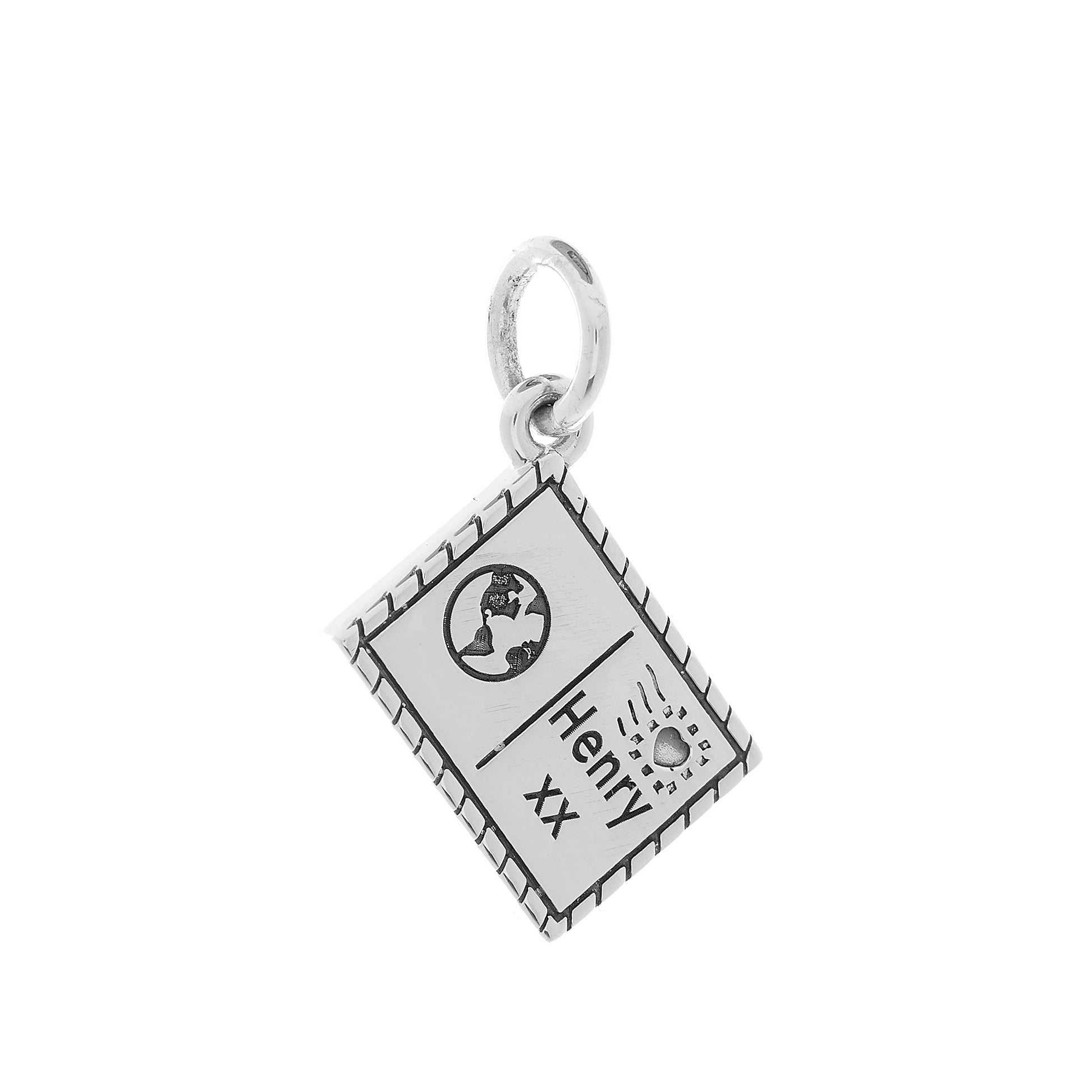 Silver postcard with personalised name and symbols by Off The Map Jewellery detail