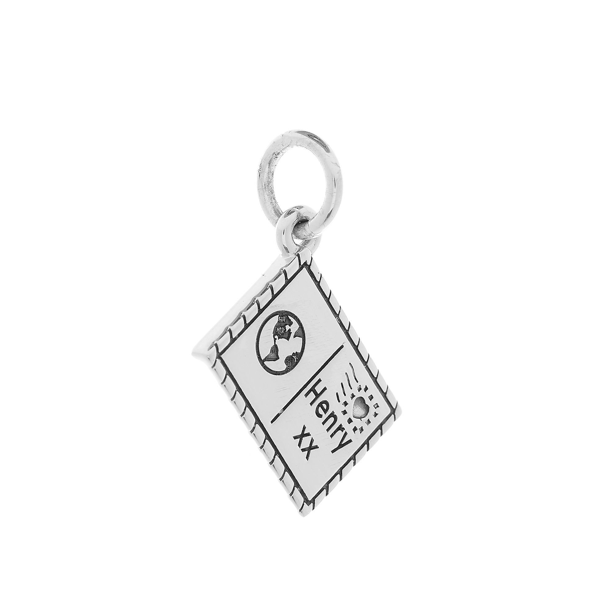 Silver postcard with personalised name and symbols by Off The Map Jewellery side view
