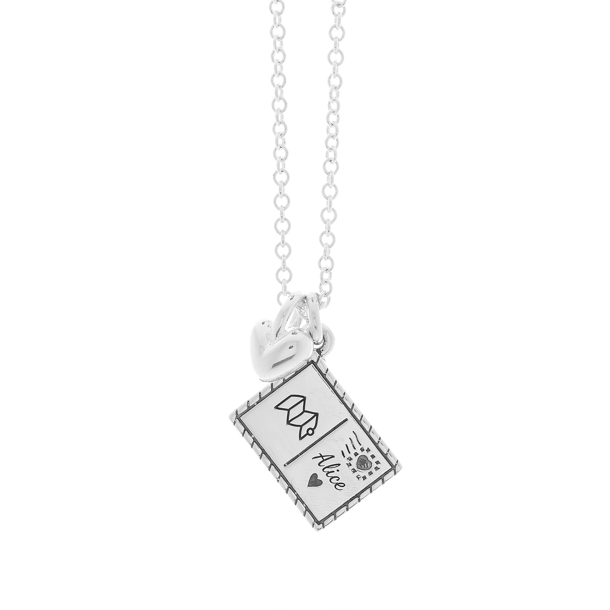 Silver necklace with a postcard personalised pendant and heart off the map jewellery