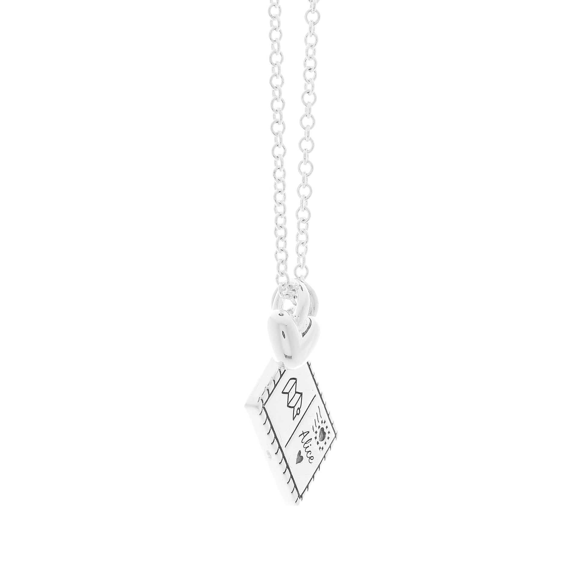 Silver necklace with a postcard personalised pendant and heart off the map jewellery side view