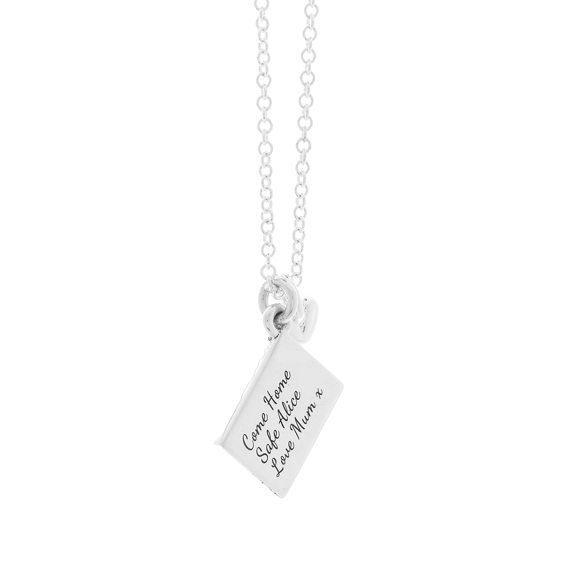Silver necklace with a postcard personalised pendant and heart off the map jewellery back view