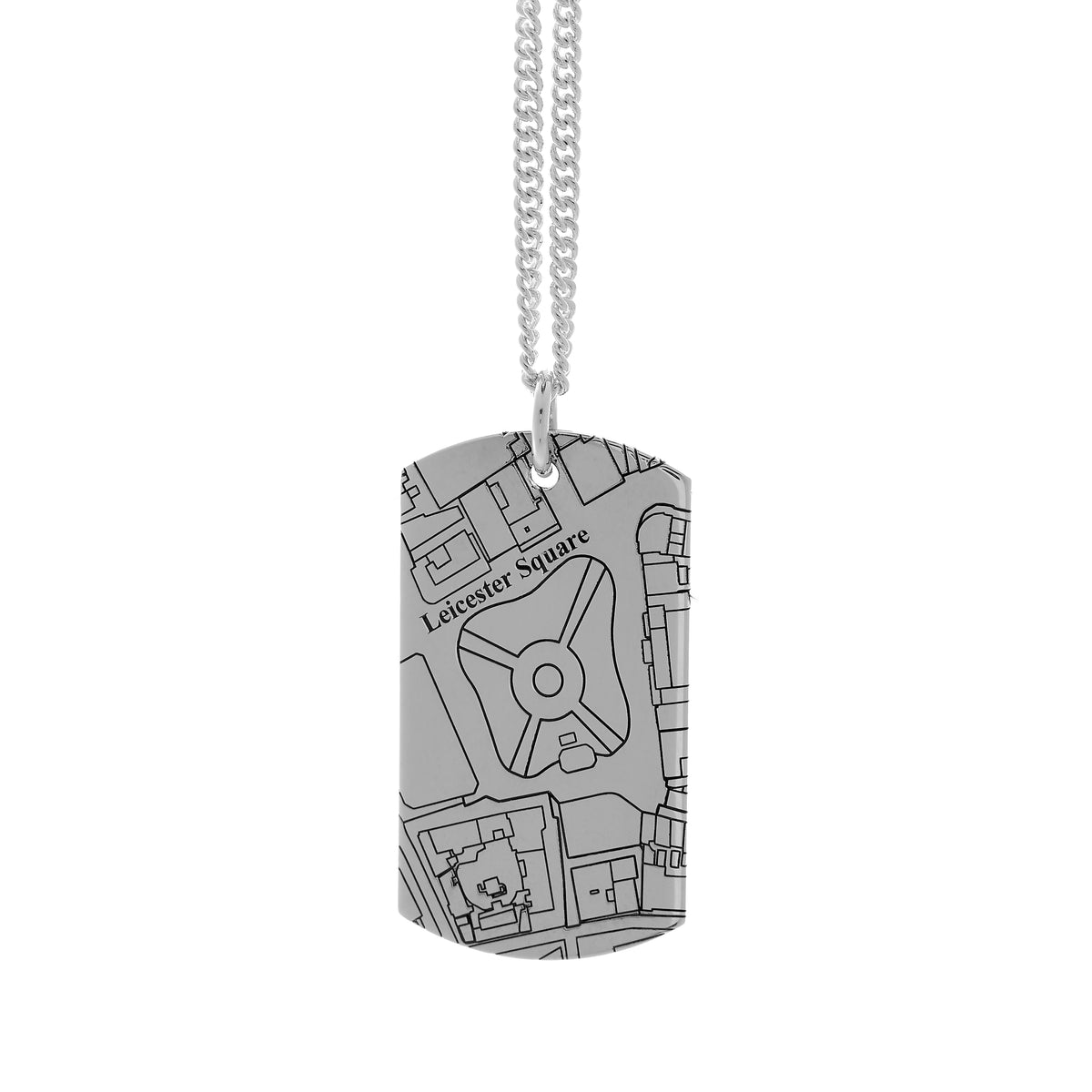 Recycled silver dog tag necklace engraved with custom street map location