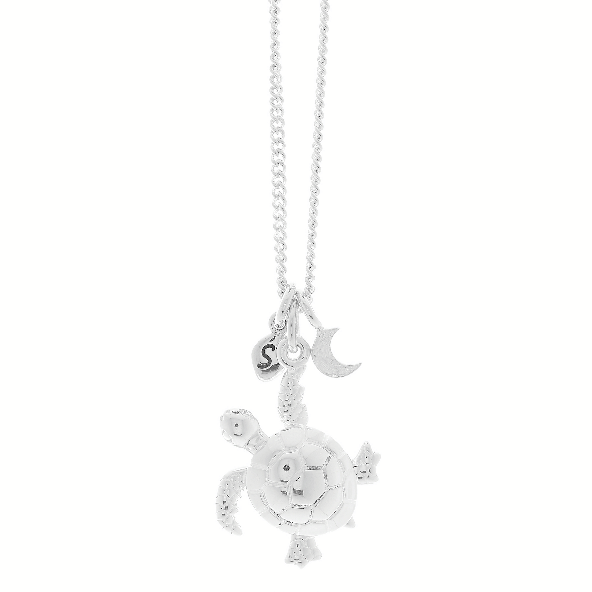 Silver turtle pendant necklace with moon and personalised pebble off the map jewellery