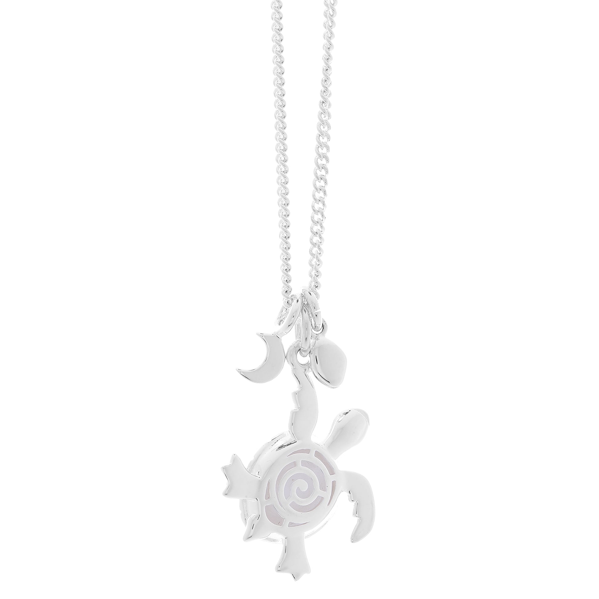 Silver turtle pendant necklace with moon and personalised pebble back view off the map jewellery