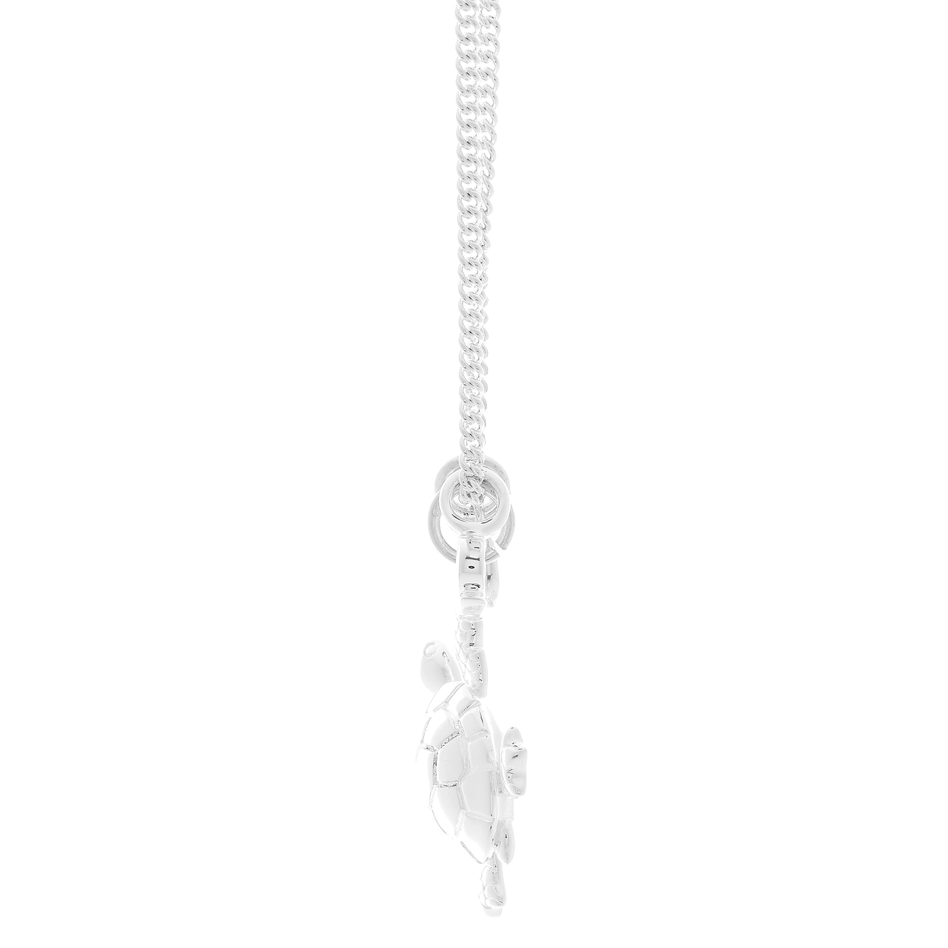 Silver turtle pendant necklace with moon and personalised pebble side view off the map jewellery