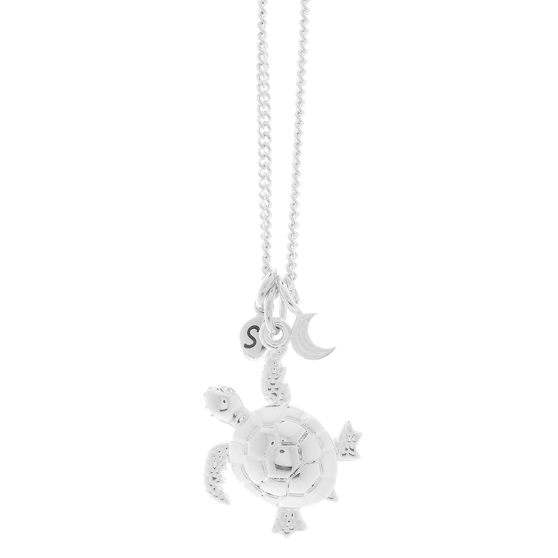 Silver turtle pendant necklace with moon and personalised pebble off the map jewellery