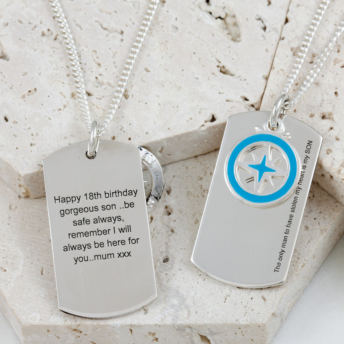silver large dog tag necklace engraved front and back with enamel compass pendant