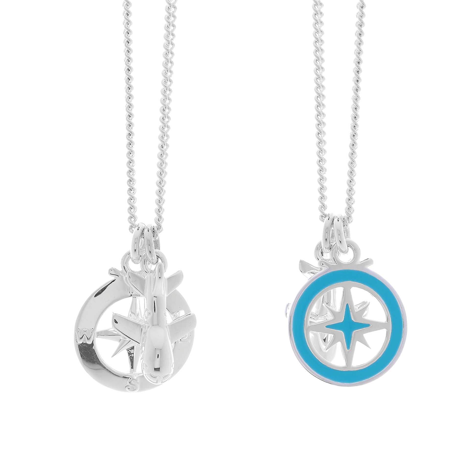 Silver necklace front and back with aeroplane and compass with enamel detail