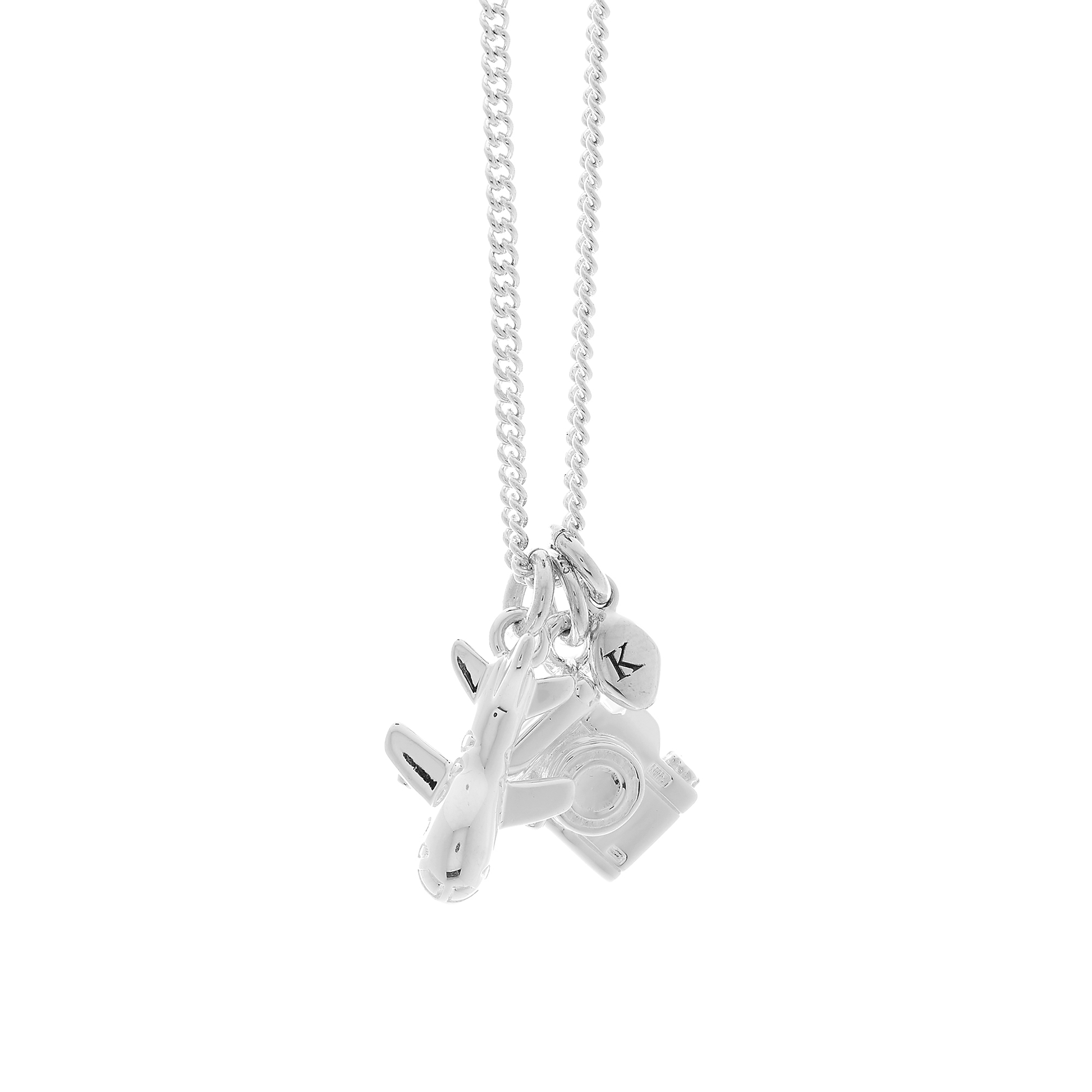 Silver necklace with aeroplane camera and pebble charms