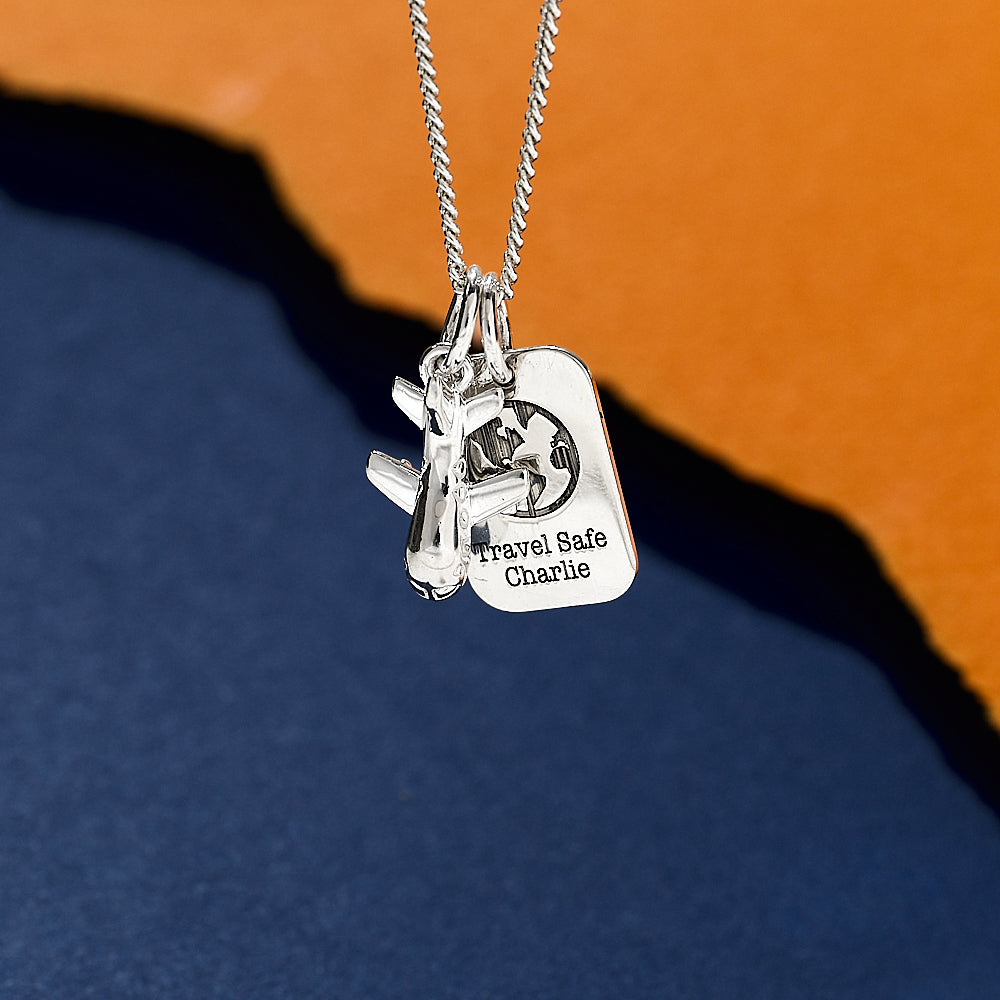 Aeroplane & Personalised Dog Tag Silver Necklace - Necklaces from Off The Map Jewellery