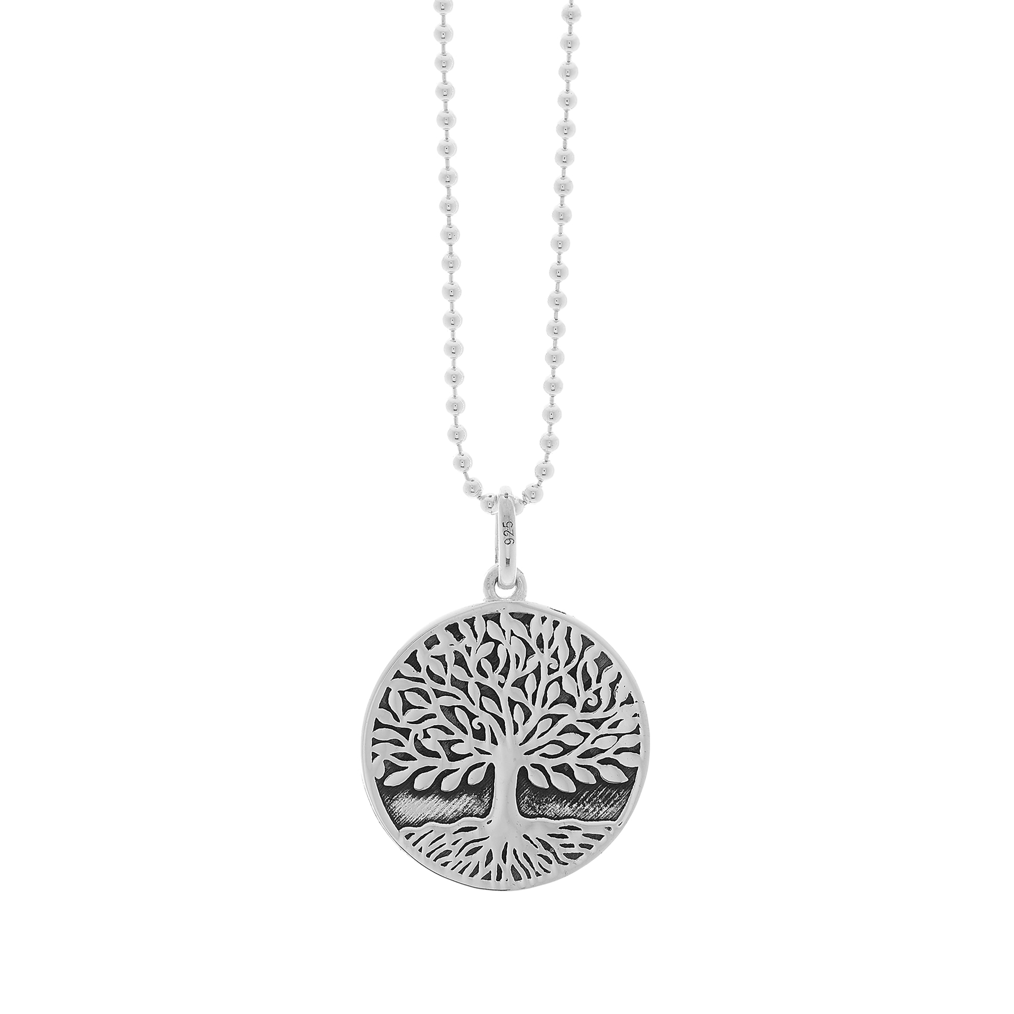 Silver tree of life 'Arbor Vitae' pendant on a chain against a white background