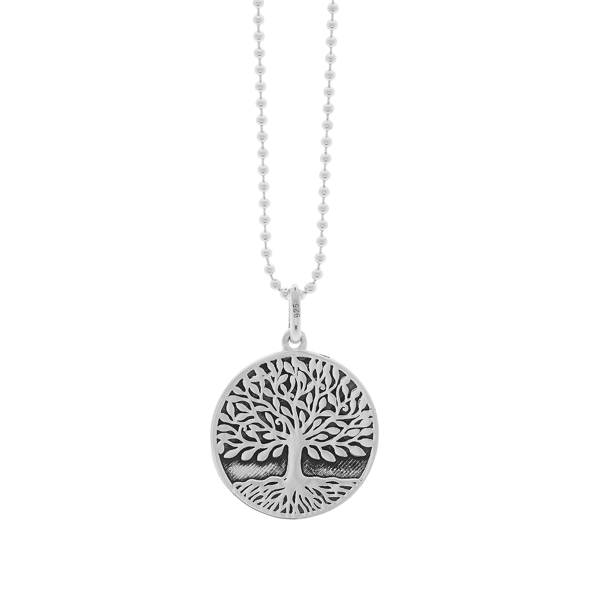 Silver tree of life 'Arbor Vitae' pendant on a chain against a white background