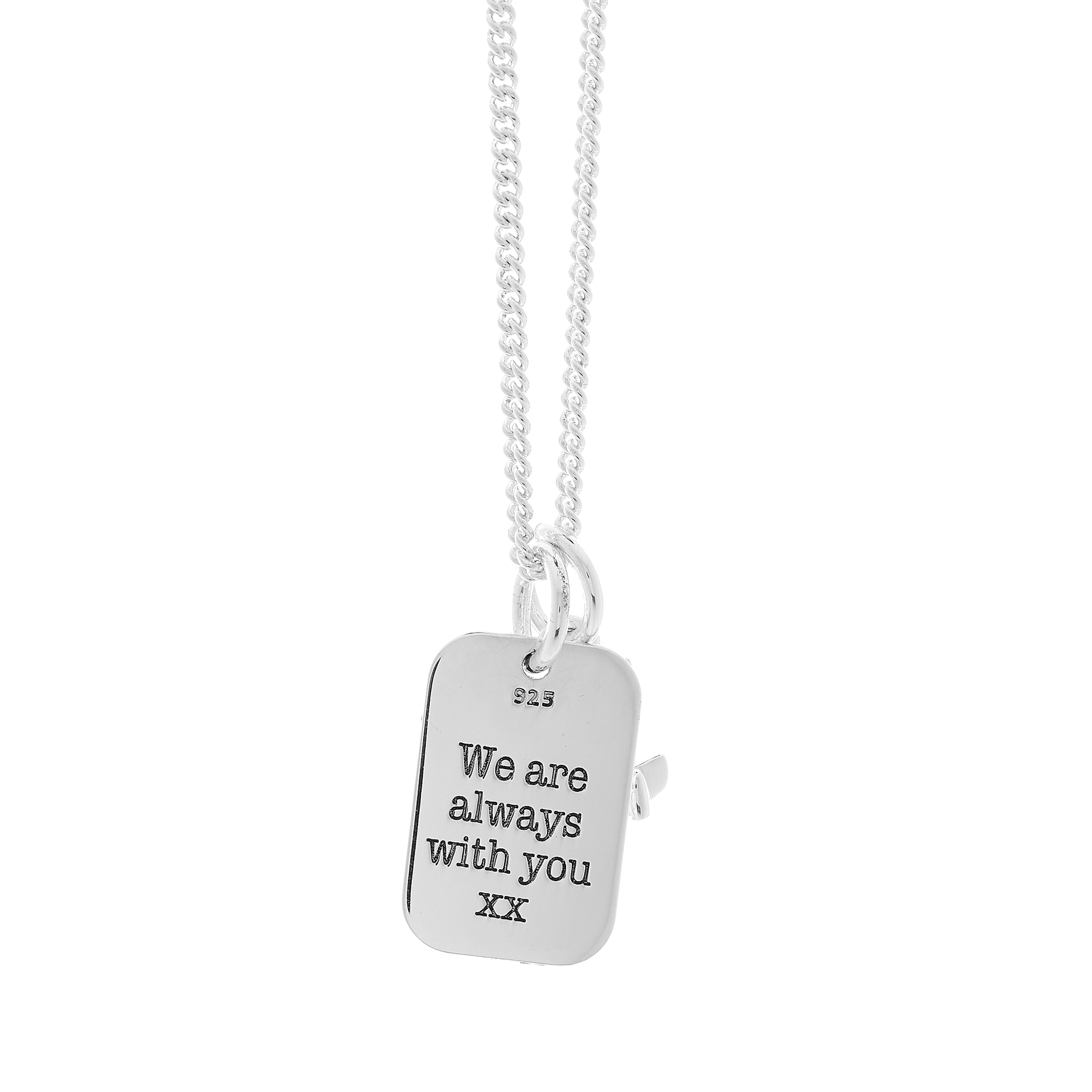 Back of Silver aeroplane and dog tag travel necklace on curb chain Off The Map Jewellery