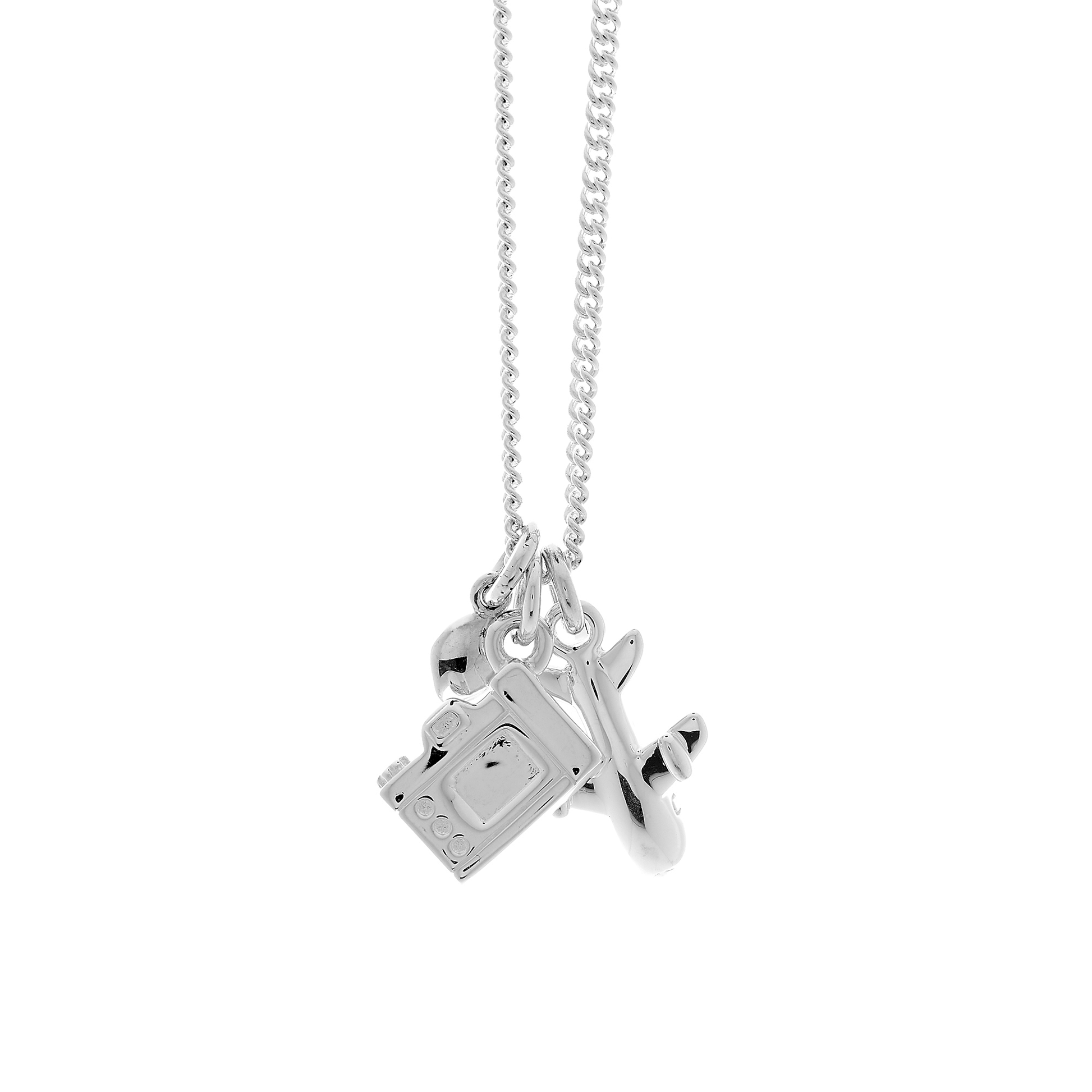 Silver necklace with aeroplane camera and pebble charms back view