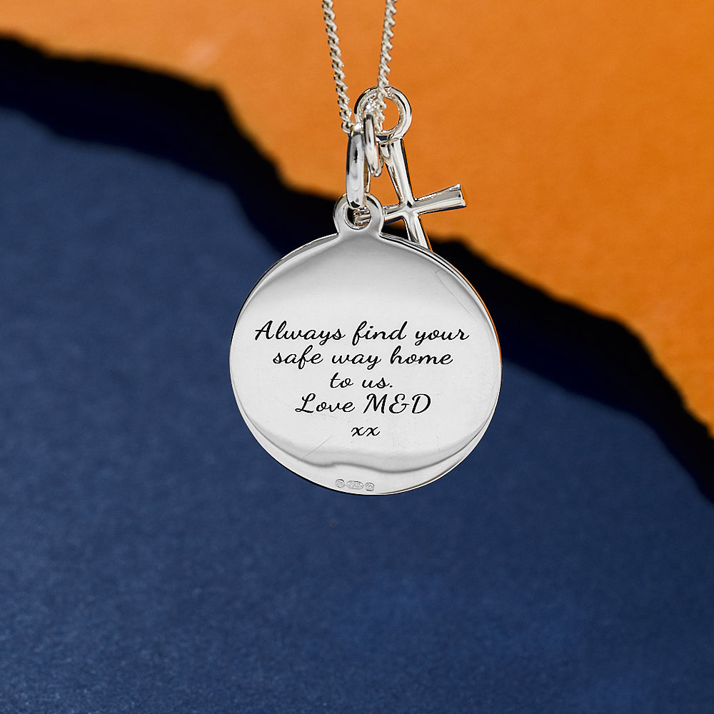Silver saint christopher necklace with a cross by Off The Map Jewellery engraved back