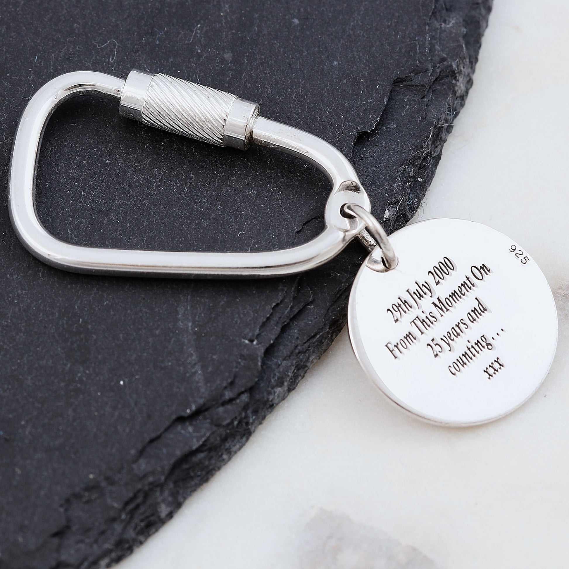 silver keyring with anniversary gift message engraved