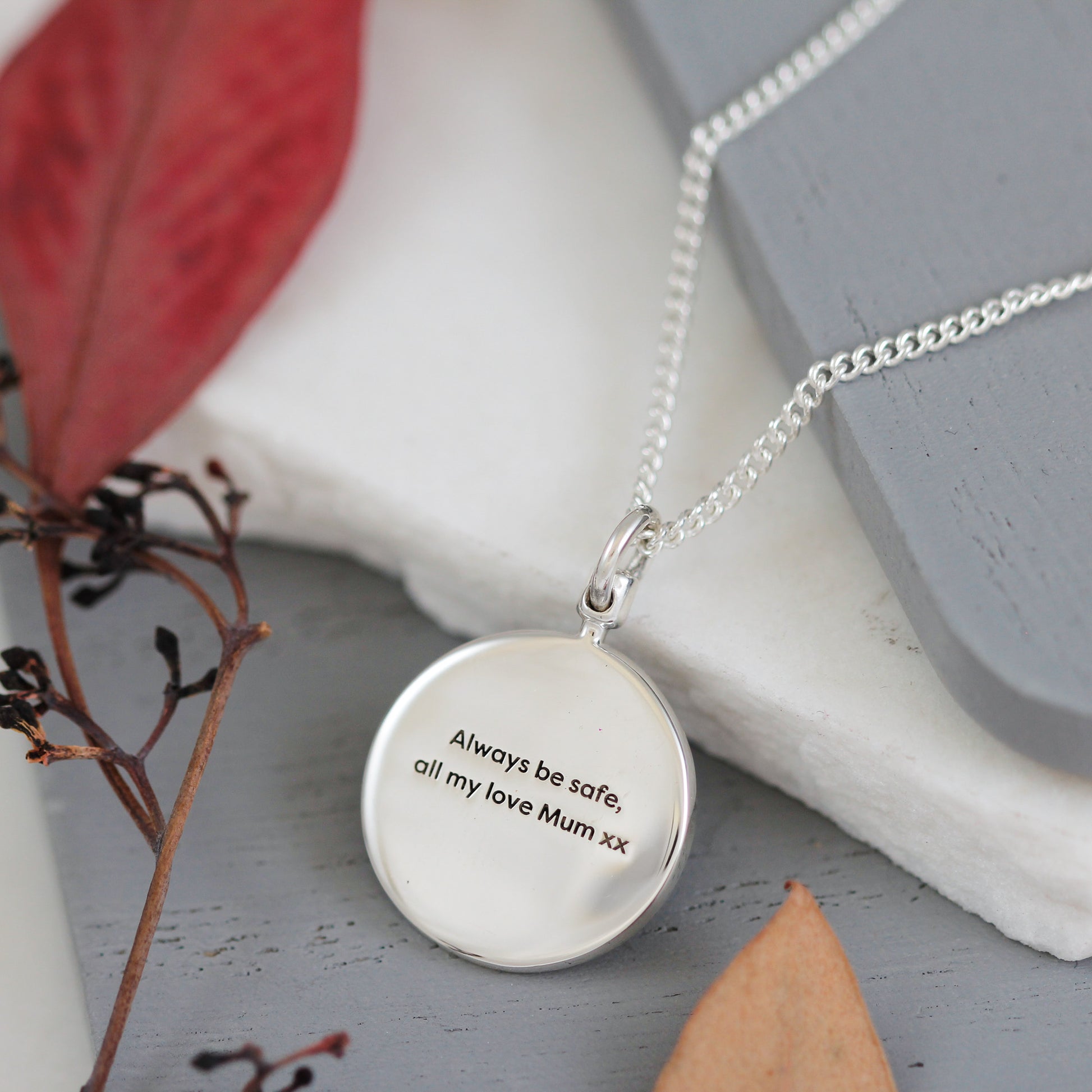 silver pendant engraved always be safe all my love mum