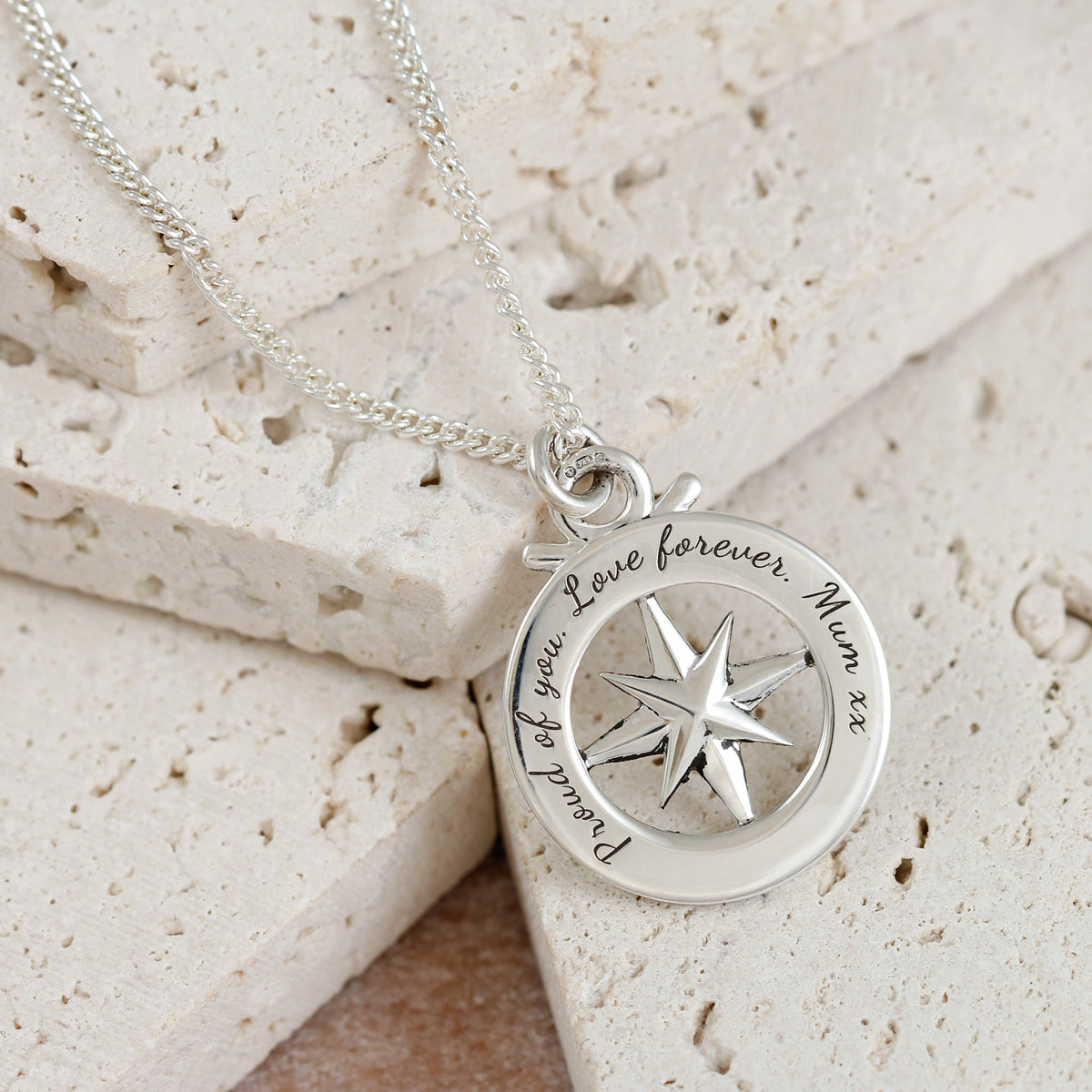 Proud of you gift from mum outline silver compass necklace