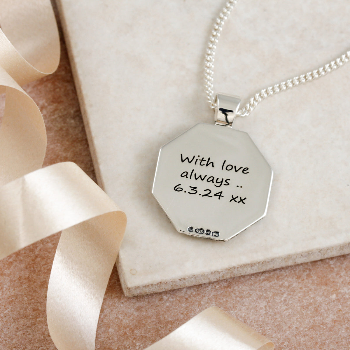 octagon lucky life pendant engraved with love and birthday