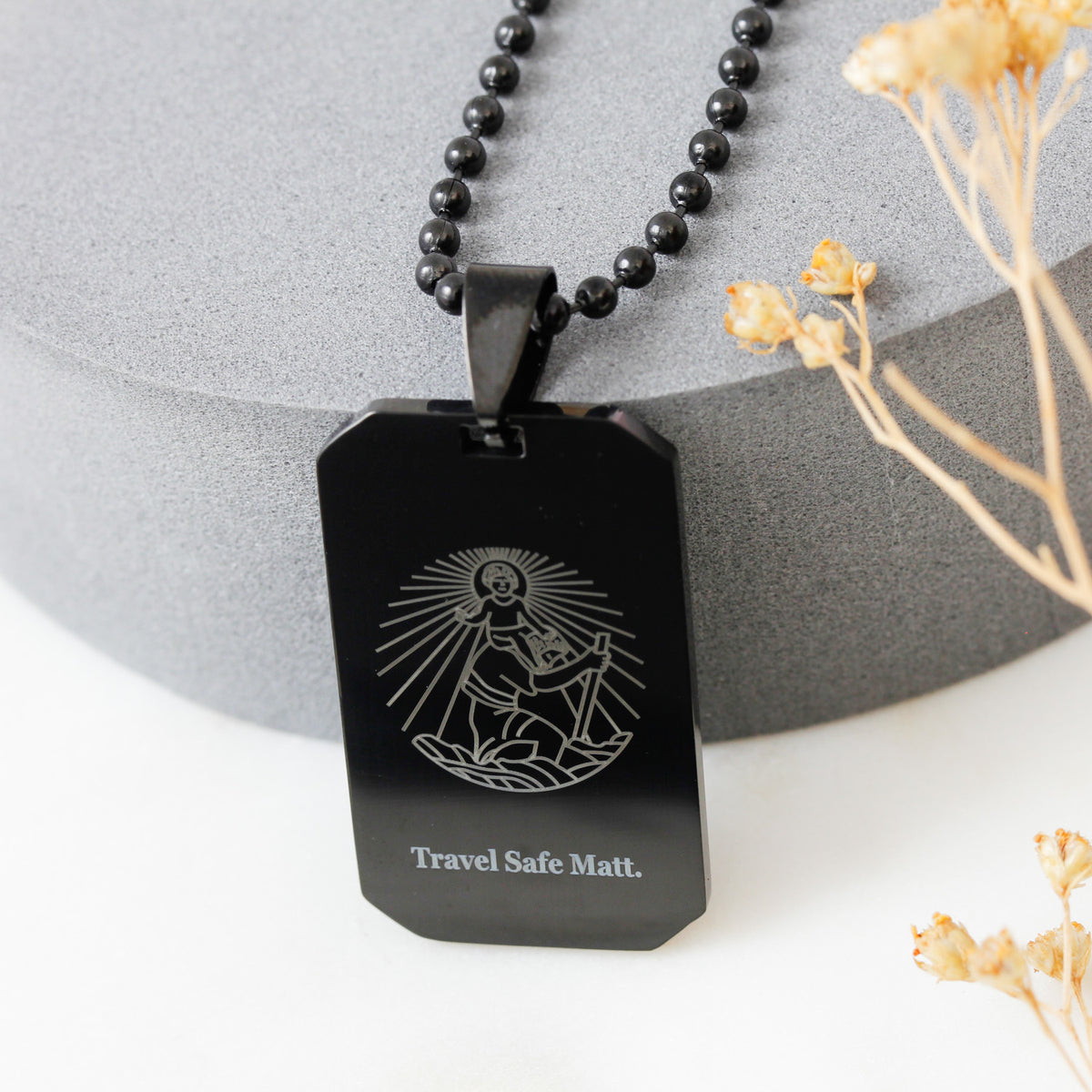 black steel saint christopher personalized necklace