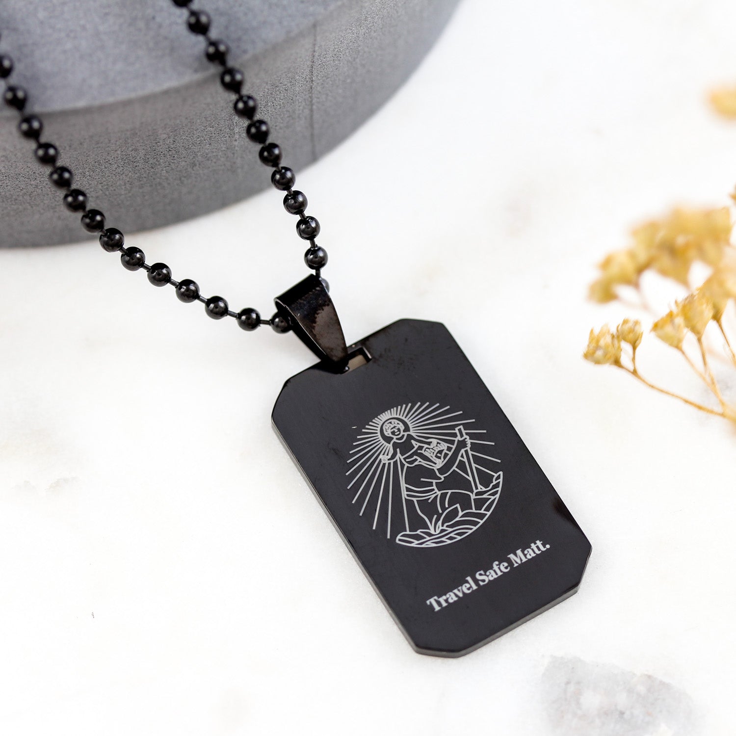 black steel dog tag saint christopher necklace off the map jewellery