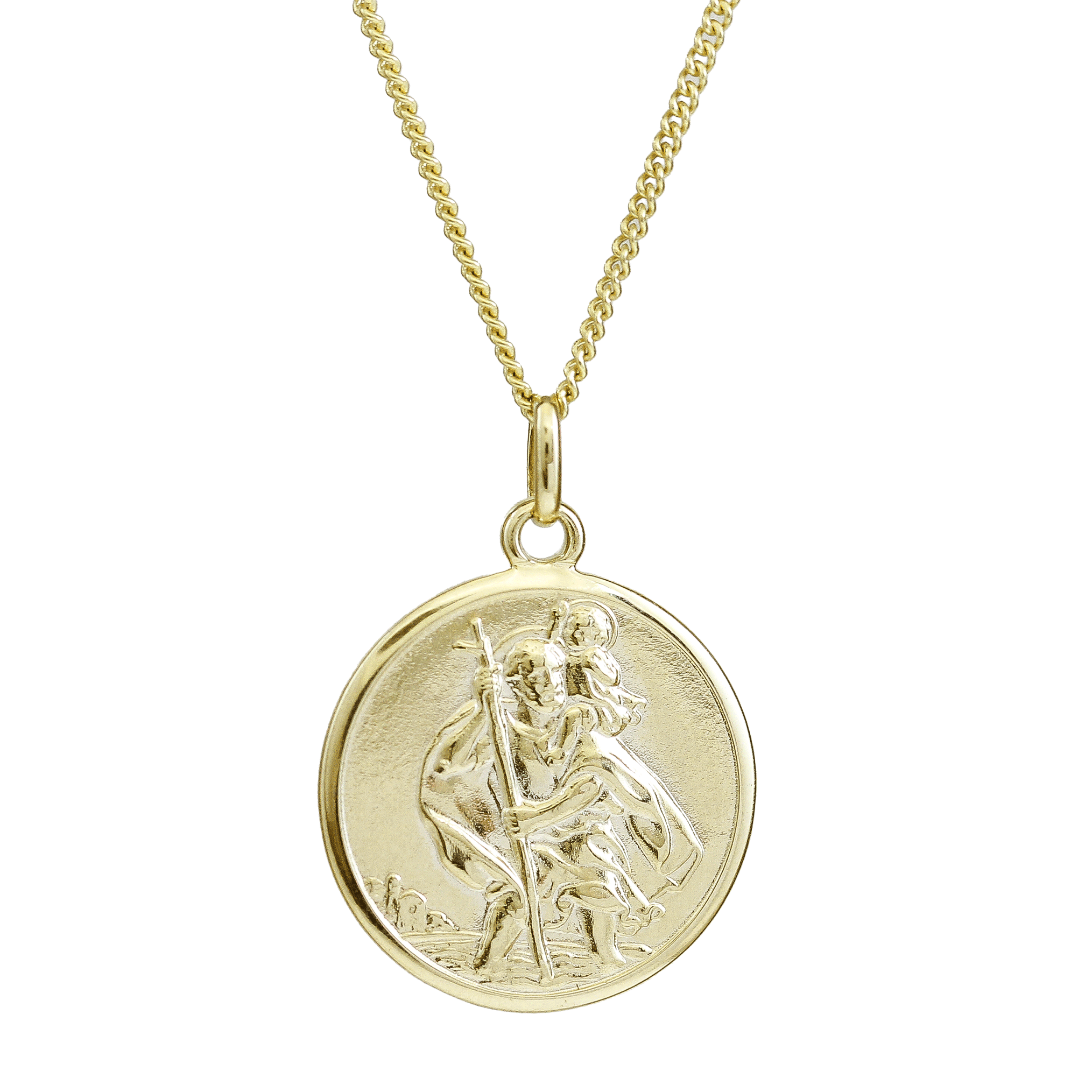 solid gold saint christopher necklace on light curb chain 20mm wide