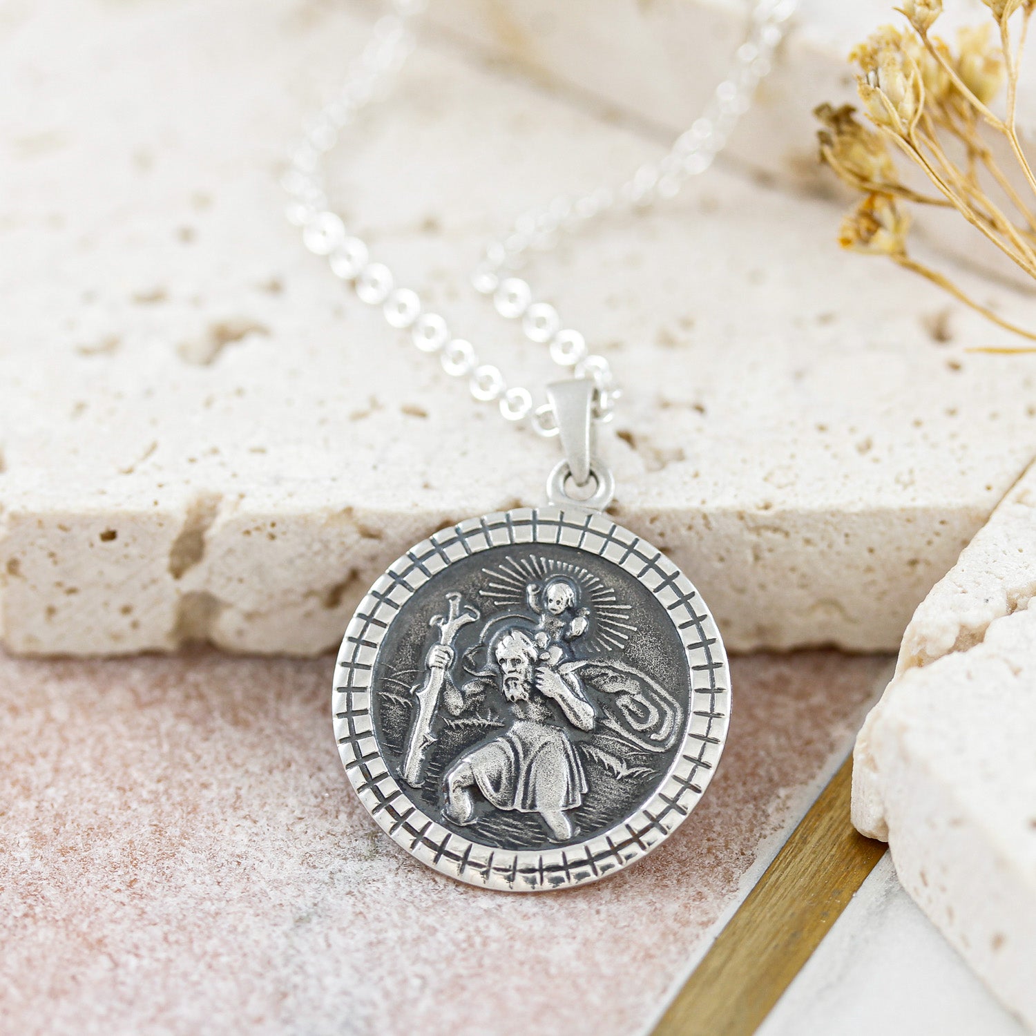 silver cast mosaic border Saint Christopher necklace