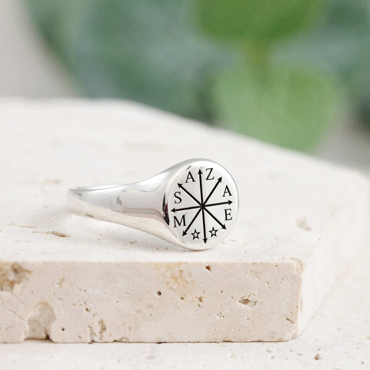 family initials silver signet ring with stars
